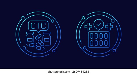 OTC drugs icons with pills, linear design
