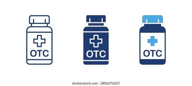 OTC medicine bottle and over the counter pharmaceutical drug container symbol set featuring creative healthcare cross jar and non prescription pharmacy design, Vector illustration