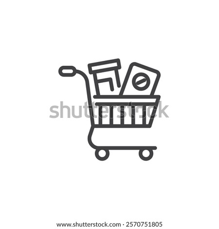 OTC Painkiller line icon. linear style sign for mobile concept and web design. A shopping cart and a pill bottle outline vector icon. Pharmacy store symbol, logo illustration. Vector graphics