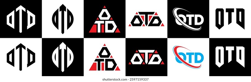 OTD letter logo design in six style. OTD polygon, circle, triangle, hexagon, flat and simple style with black and white color variation letter logo set in one artboard. OTD minimalist and classic logo