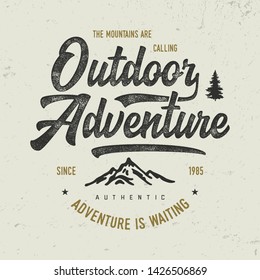 "Otdoor Adventure". Textured Design for T Shirt. Activity Theme. Logo, Poster. Vector Illustration