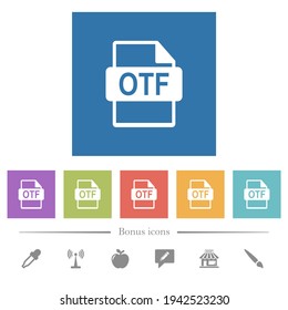El archivo OTF da formato a iconos blancos planos en fondos cuadrados. 6 iconos de bonificación incluidos.
