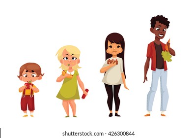 Other children eat different food, comic cartoon vector illustration isolated on white background. children eat a useful and healthy food