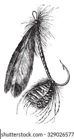 Other form of artificial fly, vintage engraved illustration. Magasin Pittoresque 1867.