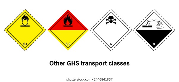 Other GHS transport classes warning sign vector. Labelling of Chemicals. Oxidizing substances, Organic peroxides, Toxic substances and Corrosive substances.