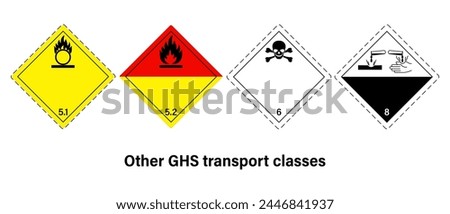 Other GHS transport classes warning sign vector. Labelling of Chemicals. Oxidizing substances, Organic peroxides, Toxic substances and Corrosive substances. ストックフォト © 