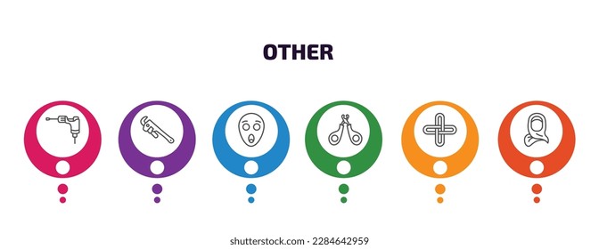 other infographic template with icons and 6 step or option. other icons such as tattoo hine, pipe wrench, scared smile, nail trimmer, interlock, woman with hijab vector. can be used for banner, info