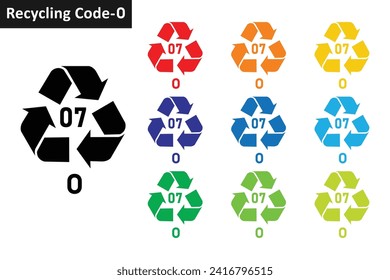 OTHER plastic recycling code icon set. Mobius Strip Plastic recycling symbol 07 O. Plastic recycling code 07 icon collection in ten colors. Set of plastic recycling code symbol icon 07 O.