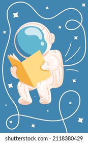 Other space poster of deep space with stars and astronaut reading a book in a flat style. Vector illustration