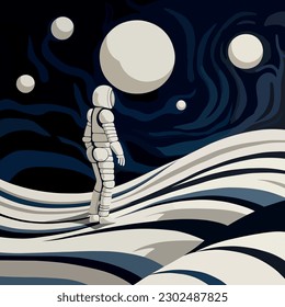 Otherworldly encounter, Art deco vector poster capturing the moment an astronaut encounters the awe-inspiring landscapes and atmospheric phenomena of Moon.