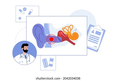 Otitis externa, los nadadores oyen el tratamiento de la enfermedad. Otolaringólogo en la clínica de otolaringología. Dolor e inflamación, dolor de oído en la cabeza humana Control médico de órganos auditivos ilustración vectorial plana