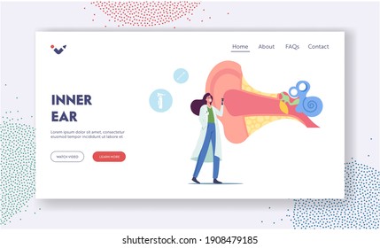Otitis, Pain or Tinnitus Disease Treatment Landing Page Template. Tiny Doctor Audiologist with Instrument Check Huge Sick Ear, Otolaryngologist Character Checking Hearing. Cartoon Vector Illustration