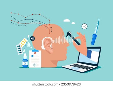 Otitis, Pain or Tinnitus Disease Treatment. Computer Audiologist with Instrument Check Huge Sick Ear, Otolaryngologist Character Checking Hearing. 