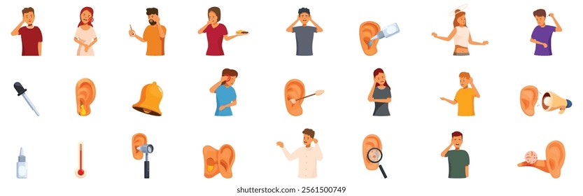 Otitis symptoms icons set. People experiencing earache, tinnitus, hearing loss, and infections, using ear drops, seeking medical advice, and undergoing examinations