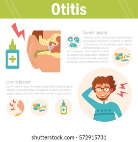 Otitis. Vector art on a white background. Cartoon. Isolated. Flat. Illustration for websites, brochures, magazines. Medicine