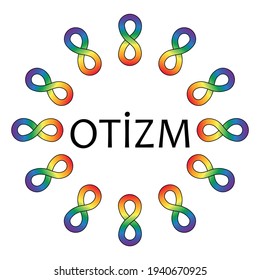 Otizm (Autism) concept vector. Circle shape with infinity rainbow symbol. Autism pride symbol vector illustration. infinity sign in rainbow spectrum colors. Neurodiversity awareness and acceptance.