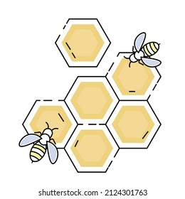 Otline-Symbol der Honigwaben mit Bienen einzeln auf weißem Hintergrund. Vektorgrafik