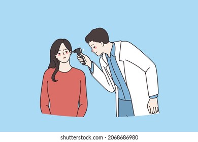 Otolaryngologist check woman patient ear with special equipment. Audiologist doctor examine check girl hearing in hospital or clinic. Medicine, healthcare concept. Flat vector illustration. 