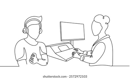 An otolaryngologist conducts a standard study aimed at monitoring hearing status. Audiometry as a method for diagnosing hearing. Medical vector on white background.