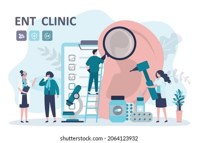 Otolaryngologist consults patients with sore nose. Doctors with medical instruments examine ear. ENT clinic. Treatment of diseases and pathologies of throat. Otolaryngology. Flat vector illustration