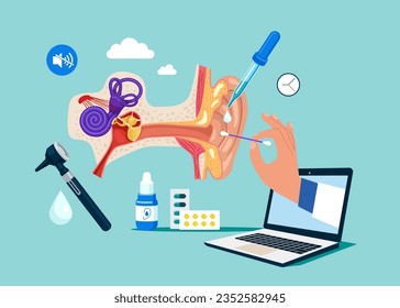 Otolaryngologist. Deafness examination and treatment. Flat vector illustration.