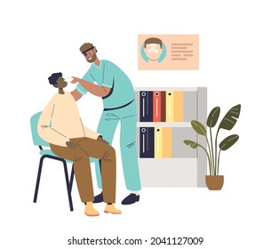 Otolaryngologist doctor checking patient nose illness during checkup visit in medical clinic. Otolaryngology medicine and healthcare concept. Cartoon flat vector illustration