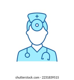 Otolaryngologist Doctor Color Line Icon. Otolaryngology Medic Staff with Stethoscope, Mirror Linear Pictogram. Ear, Nose, Throat Doctor Outline Icon. Editable Stroke. Isolated Vector Illustration.