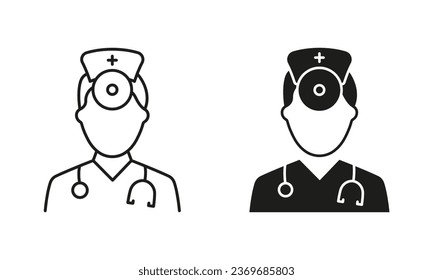 Otolaryngologist Doctor Line and Silhouette Black Icon Set. Otolaryngology Medic Staff with Stethoscope, Mirror Pictogram. Ear, Nose, Throat Doctor Symbol Collection. Isolated Vector Illustration.
