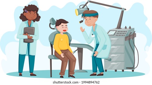 Otolaryngologist doctor with nose, ear and throat or ENT diagnostic and treatment instruments. Otology doctor with patient. Otorhinolaryngology healthcare medicine or otolaryngology diseases