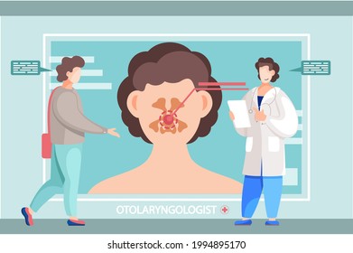 Otolaryngologist doctor with nose, ear and throat or ENT diagnostic and treatment instruments. Otology doctor with patient. Otorhinolaryngology healthcare medicine or otolaryngology diseases