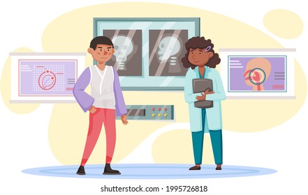 Otolaryngologist doctor with nose, ear and throat or ENT diagnostic and treatment instruments. Otology doctor with patient. Otorhinolaryngology healthcare medicine or otolaryngology diseases