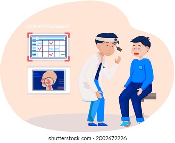 Otolaryngologist doctor with nose, ear and throat or ENT diagnostic and treatment instruments. Otology doctor with patient. Otorhinolaryngology healthcare medicine or otolaryngology diseases