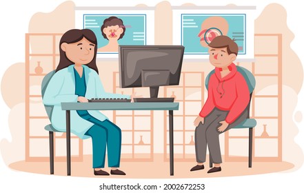 Otolaryngologist doctor with nose, ear and throat or ENT diagnostic and treatment instruments. Otology doctor with patient. Otorhinolaryngology healthcare medicine or otolaryngology diseases