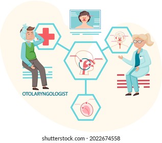 Otolaryngologist doctor with nose, ear and throat or ENT diagnostic and treatment instruments. Otology doctor with patient. Otorhinolaryngology healthcare medicine or otolaryngology diseases