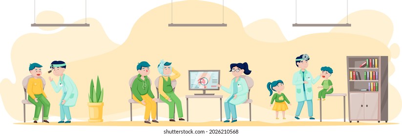 Otolaryngologist doctor with nose, ear and throat or ENT diagnostic and treatment instruments. Otology doctor with patient. Otorhinolaryngology healthcare medicine or otolaryngology diseases