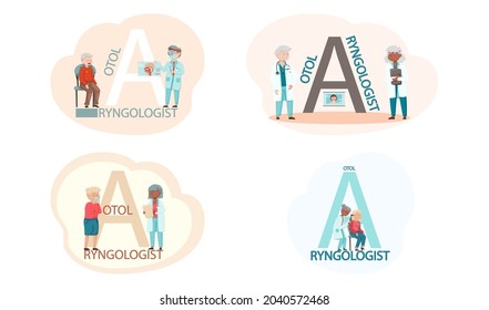 Otolaryngologist doctor with nose, ear and throat or ENT diagnostic and treatment instruments. Otology doctor with patient. Otorhinolaryngology healthcare medicine or otolaryngology diseases