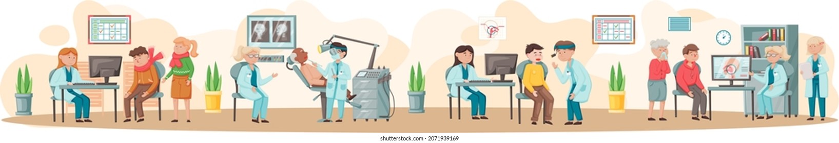 Otolaryngologist doctor with nose, ear and throat or ENT diagnostic and treatment instruments. Otology doctor with patient. Otorhinolaryngology healthcare medicine or otolaryngology diseases