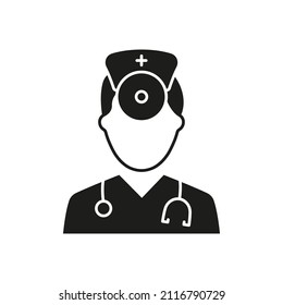 Otolaryngologist Doctor Silhouette Icon. Otolaryngology Medic Staff with Stethoscope, Mirror Black Pictogram. Ear, Nose, Throat Doctor Icon. Isolated Vector Illustration.