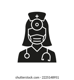 Otolaryngologist Doctor Silhouette Icon. Otolaryngology Medic Staff with Stethoscope, Mirror Glyph Black Pictogram. Ear, Nose, Throat Doctor Icon. Isolated Vector Illustration.