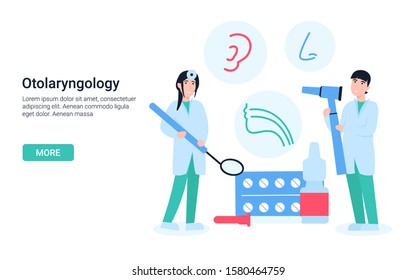 Otolaryngologist doctor woman and man with otolaryngology tools. Icons ear, throat, nose. Flat vector cartoon concept illustration for landing page, web, poster, banner, layout, template.