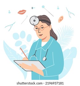 Otolaryngologist doctor woman with otolaryngology tools. Icons ear, throat, nose. Flat vector cartoon concept illustration for landing page, web, poster, banner, layout, template.