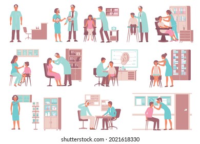 Otolaryngologist ent ear problem set of flat compositions with characters of doctors examining patients in office vector illustration