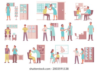 Otolaryngologist ent nose problem set of flat compositions with patients and doctors with hospital furniture icons vector illustration