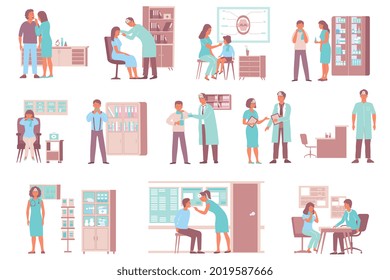 Otolaryngologist ent throat problem set of compositions with hospital furniture and doctor characters examining patients throat vector illustration