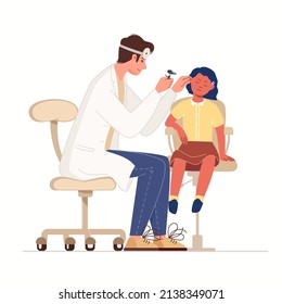 Otolaryngologist examines child. girl on medical examination by doctor. ENT checkup ears of small patient. Vector illustration flat cartoon isolated white background.