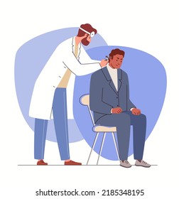 Otolaryngologist examines ear with otological instrument. Patient at doctor's appointment in ENT office. Vector illustration flat cartoon.
