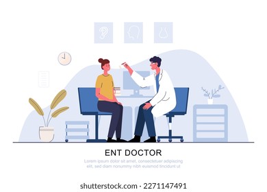 Otolaryngologist examines a patient. ENT doctor checkup ears and nose for woman. Vector illustration flat cartoon isolated white background.