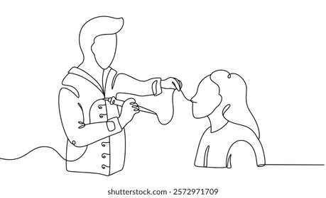 An otolaryngologist examines the patient's nasal cavity using a special instrument. Examination of the sinuses for the purpose of medical diagnosis. Vector line illustration.