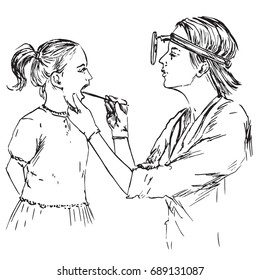 The otolaryngologist examines a throat (tonsils) of the girl, hand drawn doodle, sketch in pop art style, black and white vector illustration