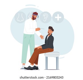 Otolaryngologist Looking Child Throat. Doctor and Kid Characters on Medical Examination. Ent Holding Instrument for Checking Mouth of Boy in Medical Office. Cartoon People Vector Illustration